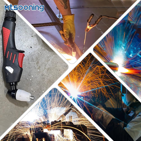 Collage of plasma cutting with 80 Amp P80 Plasma Cutting Torch Consumables Kit, showing sparks and torch in action, 47 Pcs Replacement Tips Nozzles Electrodes For BTC800DP, 0.059 In And 1.5 Mm Tips, Durable High Quality Set For Smooth, Precise Cuts.