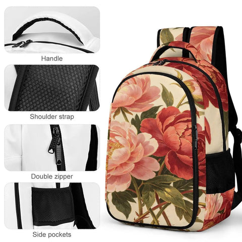 Vintage Peony Botanical Printed Backpack For Everyday Use Unisex Large Capacity Daypack with durable features and smooth zipper