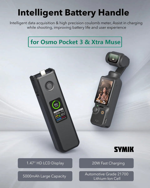 Image of the Intelligent Battery For DJI Osmo Pocket 4 Pro And Pocket 3 with Xtra Muse, featuring a 5000mAh battery and LCD display.