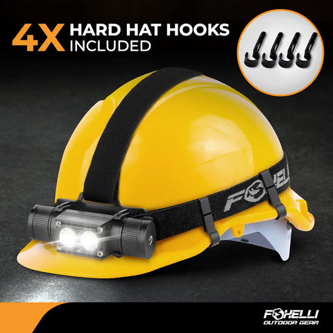 Ultra Bright Rechargeable Headlamp With 1200 Lumen LED IPX7 Waterproof 18650 Battery Included Five Light Modes And Memory Function on yellow hard hat with hooks