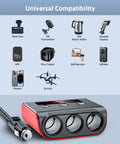 Slick Heavy Duty 7 In 1 Cigarette Lighter Splitter With 3 Independent 12V 24V Socket Outlets And 4 Fast Charge Usb Ports LED Voltage Monitor showing universal compatibility with various devices.
