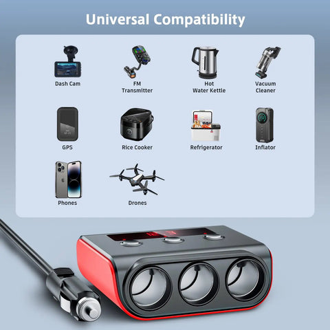 Slick Heavy Duty 7 In 1 Cigarette Lighter Splitter With 3 Independent 12V 24V Socket Outlets And 4 Fast Charge Usb Ports LED Voltage Monitor showing universal compatibility with various devices.