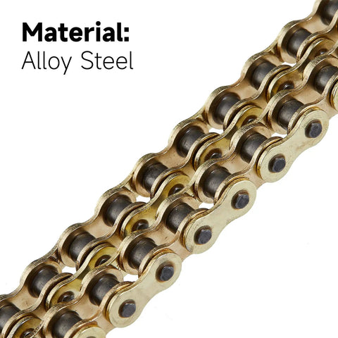 428H Heavy Duty Motorcycle Chain 122 Links showing alloy steel material detail with reinforced drive chain links, rust resistant.