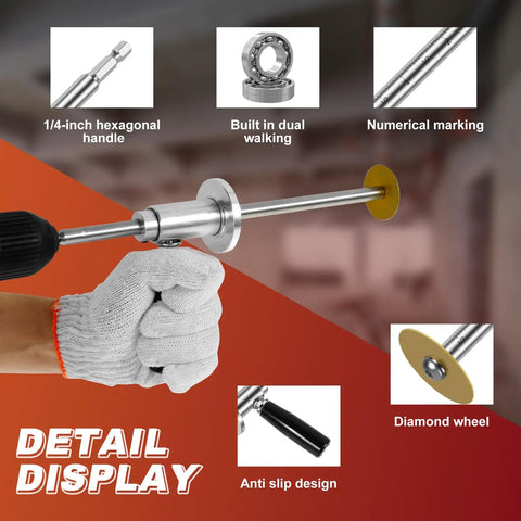 Inside PVC Pipe Cutter Kit for 1-1/2 to 8 inch pipes, focus on 1/4 inch hex shank and diamond grit wheel, held in gloved hand.