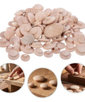 Pile of Wood Plug Screw Hole Covers Set 160 Pcs For Furniture And Beds, with installation examples.