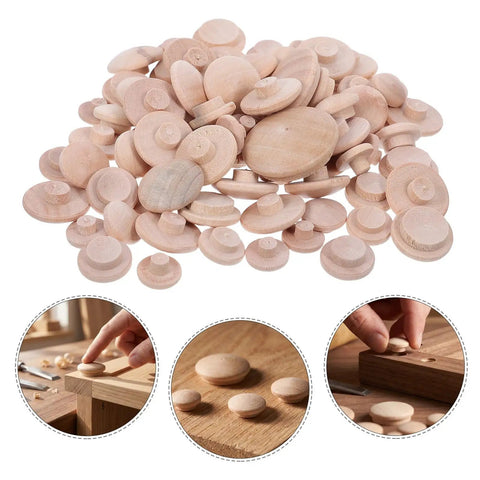 Pile of Wood Plug Screw Hole Covers Set 160 Pcs For Furniture And Beds, with installation examples.