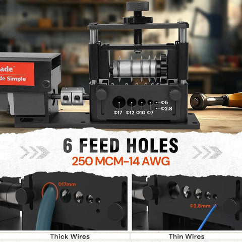 Automatic Wire Stripper Machine With Upgraded Motor For Fast Copper Wire Recycling 6 Channel 5 Carbide Blades Heavy Duty Metal Frame FCC Certified Handles 250 MCM to 14 AWG Copper Wires