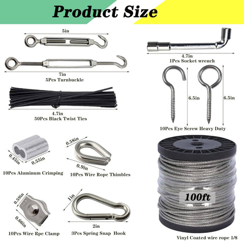 Product size components of One Eighth Inch Wire Rope Kit 100 Feet With 7x7 Core Vinyl Coated Stainless Steel Cable And Turnbuckles