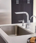 Modern Deck Mounted Kitchen Soap Dispenser S3947C with above the sink refillable bottle in dope chrome finish near kitchen faucet