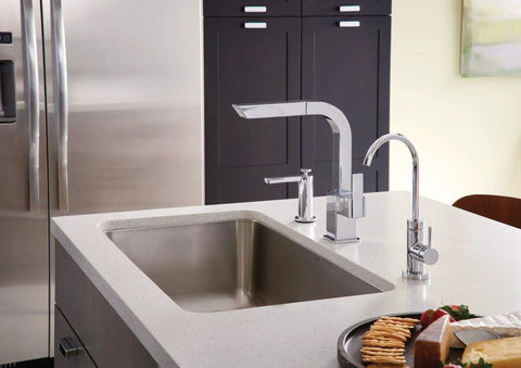 Modern Deck Mounted Kitchen Soap Dispenser S3947C with above the sink refillable bottle in dope chrome finish near kitchen faucet