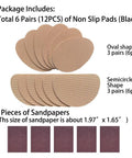Six Pairs (Twelve Pieces) Non Slip Shoe Sole Pads With Self Adhesive Rubber Grips For Front Sole And Heel, features oval and semicircle shapes