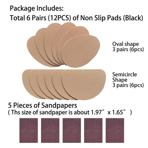 Six Pairs (Twelve Pieces) Non Slip Shoe Sole Pads With Self Adhesive Rubber Grips For Front Sole And Heel, features oval and semicircle shapes