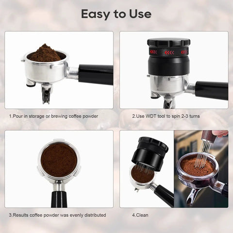 Espresso WDT Tool With 22 Needles For 58mm Portafilters in use, demonstrating stirring and distribution for even coffee extraction