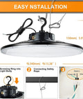 240W UFO LED High Bay Light With 36000 Lumen Output, IP65, installation guide with screws, safety rope, and wiring details