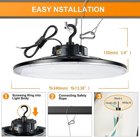240W UFO LED High Bay Light With 36000 Lumen Output, IP65, installation guide with screws, safety rope, and wiring details