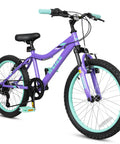Purple girls 20 inch mountain bike with front suspension, high-carbon steel frame, for ages 6 to 14, 6 speed, adjustable seat height.