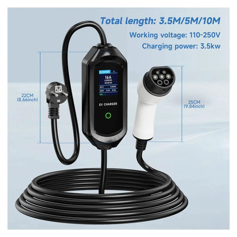 Rugged Portable 3.5KW EV Charger Type 1 To Type 2 Electric Vehicle Fast Charge Cable 16 Amp SAE J1772 with display and connectors.