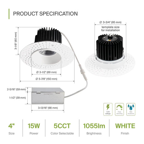 Trimless 4 Inch LED Recessed Downlight Canless 15W 120V Dimmable No Fuss Ceiling Light With J Box 5 CCT 2700K 5000K CRI 90 Plus