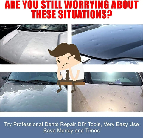 Collage showing car hoods with dents, highlighting damage repaired by the Electromagnetic Induction Auto Body Dent Repair Kit 1380W Scratch Free Paintless Dent Remover Tools For Cars Trucks SUVs No Sweat Easy To Use Dents Repair Device.