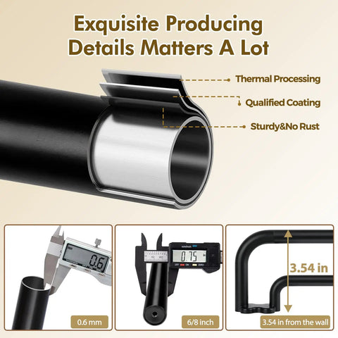 Detail of Adjustable Black Double Curtain Rod Set With Twist In Telescoping Segments And Wrap Around Design showing measurements and features