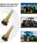 Two Pack TR618A Metal Valve Stems For Tubeless Tires High Flow Core next to images of compatible tractors and vehicles