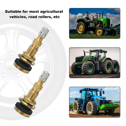 Two Pack TR618A Metal Valve Stems For Tubeless Tires High Flow Core next to images of compatible tractors and vehicles