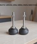Heavy Duty M6 Furniture Leveling Feet Squash The Wobbles Off Tables Cabinets And Workbenches Quick With Swivel Nylon Bases and sturdy steel bolts.