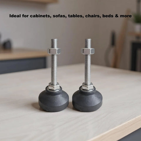 Heavy Duty M6 Furniture Leveling Feet Squash The Wobbles Off Tables Cabinets And Workbenches Quick With Swivel Nylon Bases and sturdy steel bolts.