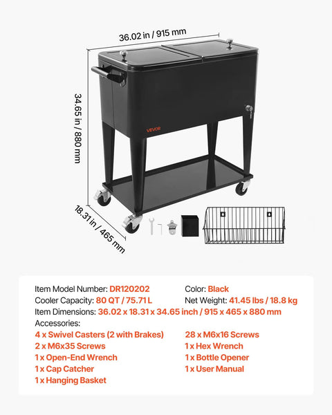 80 Quart Rolling Ice Chest Portable Beverage Cart For Patio Parties Holds Up To 50 Bottles Or 110 Cans With Bottom Shelf Side Basket And Bottle Opener Black