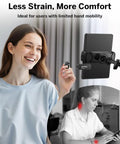 Woman using Case Friendly Page Turner Ring Remote For Kindle iPad Kobo Tablets Hands Free Page Flipper with Clip.