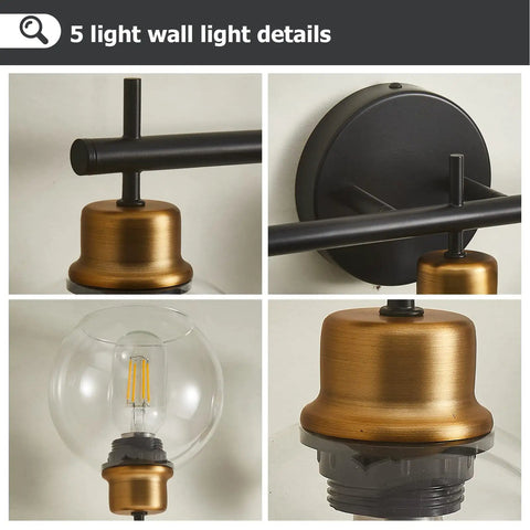 Close-up of Black Gold Vanity Light Fixtures With Glass Shade 5 Light Wall Sconces detailing matte black and gold finishes.