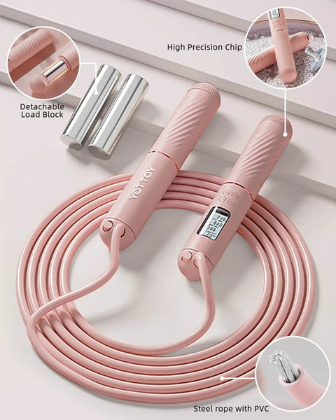 Pink Cordless Jump Rope With Counter And LCD Display, 2 In 1 Ropeless Jump Rope With Ball Weighted Design, shown with cords and metal weights