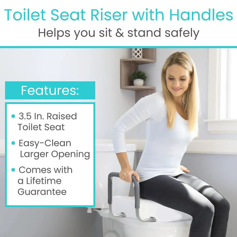 Raised Toilet Seat Riser With Sturdy Side Handles Fits Under Existing Elongated Seats Adds Three Point Five Inches Of Lift Making Get Up And Sit Down An Absolute Breeze For Seniors And Smooth Bathroom Care