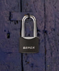 All Weather Outdoor Padlock Set Keyed Alike, black cover, solid steel lock on wooden background.