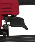 Close-up of the trigger mechanism on Oil Free Pneumatic Staple Gun For Wood Upholstery Carpet And Wire Fencing Fits One Quarter Inch Through Nine Sixteenth Inch Staples Lightweight Workhorse Heavy Duty Pro Grade Tool.