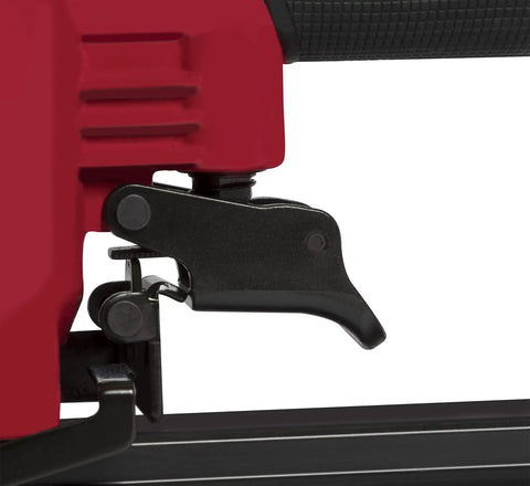 Close-up of the trigger mechanism on Oil Free Pneumatic Staple Gun For Wood Upholstery Carpet And Wire Fencing Fits One Quarter Inch Through Nine Sixteenth Inch Staples Lightweight Workhorse Heavy Duty Pro Grade Tool.