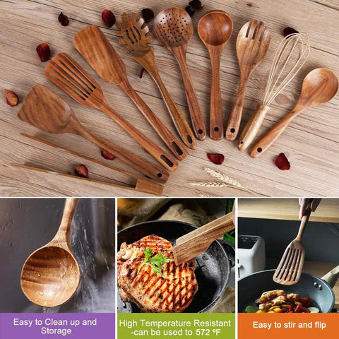 Must Have Go To Kitchen Utensil Set With Holder Natural Teak Wood Tools For Cooking Wooden Spatula Ladle Spoons Slotted Spoon