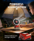 Person using 5IN Jobsite Fan Compatible With Milwaukee 18V Battery Brushless Motor Variable Speed USB Fast Charging LED For Camping