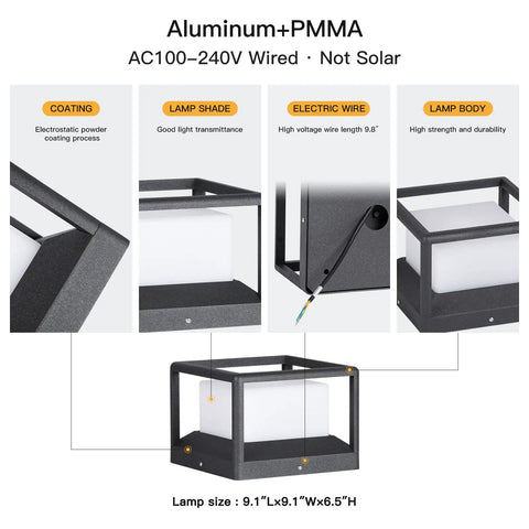 Outdoor Post Lights Hard Wired Modern 9.1 Inch Column Lights AC100-240V Waterproof with aluminum PMMA construction