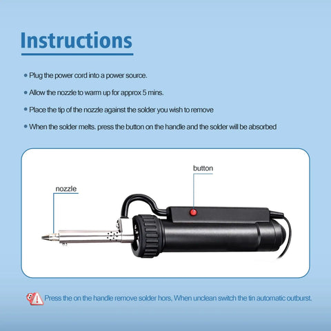 Automatic Desoldering Pump With Pro Grade Power, Solder Sucker Vacuum, Portable 30W Iron Tool showing nozzle and button.
