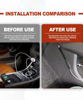 Installation comparison of car cable concealer sleeve kit with adhesive covers showing before and after wiring results