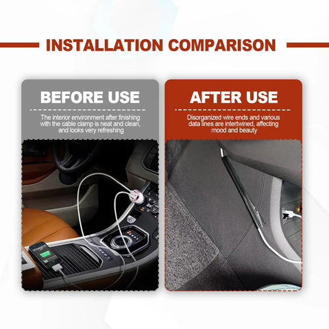 Installation comparison of car cable concealer sleeve kit with adhesive covers showing before and after wiring results