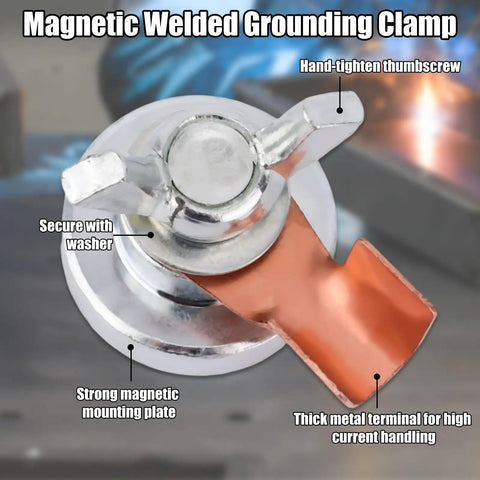 Heavy Duty Welding Magnetic Grounding Clamp With Ultra Strong Magnet featuring hand-tighten thumbscrew and metal terminal