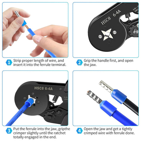 Step-by-step guide using Ferrule Crimping Tool Kit With Self Adjusting Ratchet For Precise Crimps, AWG 23 To 7.