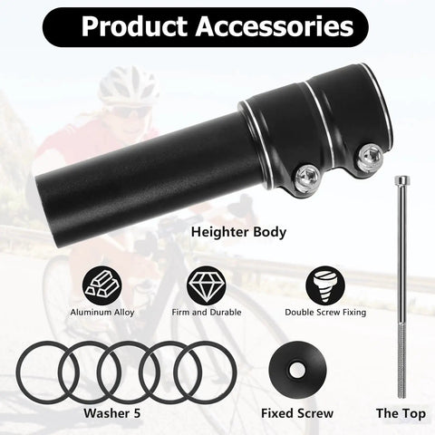 Adjustable Bike Stem Riser Extender 1-1/8 Inch, 28.6mm Clamp, aluminum alloy with washers, fixed screw, boosts comfort for cycling.
