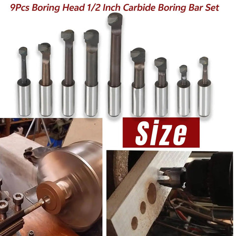 Nine Piece One Half Inch Carbide Boring Bar Set With MT2 Handle And Three Eighths Inch Sixteen Thread Two Inch Boring Bars
