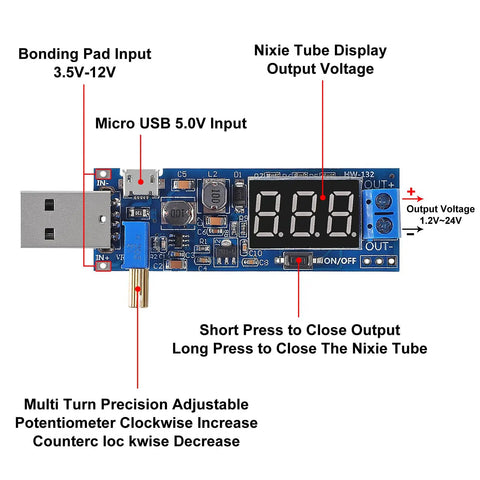 Dual USB Buck Boost Power Module That Packs a Punch, 3.5V To 12V Input, 1.2V To 24V Output, DC DC Converter With Display, 3W Max Output