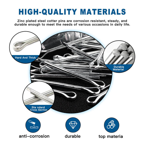 Image of high-quality steel cotter pins from the 555 Piece Cotter Pin Assortment Kit Pro Grade Built Tough For Automotive And Small Engine Repair.