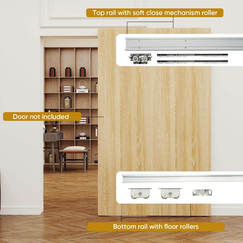 Hidden Barn Door Hardware Kit With 48 Inch Track System showing metal top and bottom rails with rollers installed on a wood door.