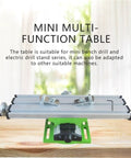 Mini Bench Drill Press Combo Machine With Lathe, Milling And Sanding Capabilities Compact vertical multi-function table on wood surface.